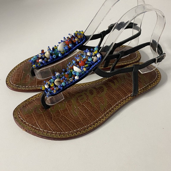 Sam Edelman Gigi Beaded Shell T Strap Flat Sandal Leather Thong Ankle st… - Picture 3 of 4